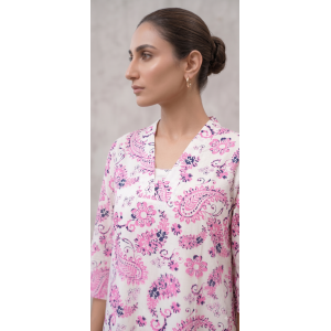 Women Pink & White Paisley Floral Co-Ord Set | Ethnic Printed V-Neck Kurta and Pant Set